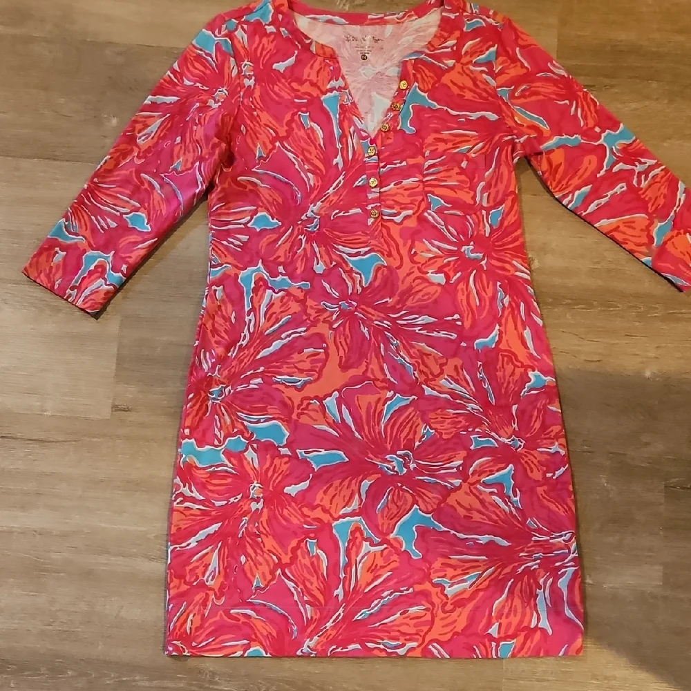 Make offer! Lilly Pulitzer Pink Red Floral Long Sleeve Shift Dress Medium - Picture 1 of 7